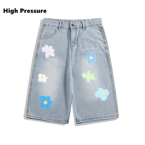 High Pressure美式复古花瓣刺绣牛仔短裤男女夏季宽松阔腿七分裤