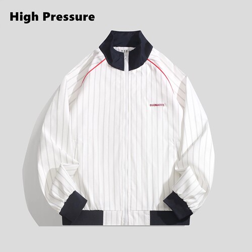 High Pressure美式复古条纹撞色立领夹克宽松oversize拉链外套