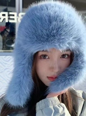 全毛毛雷锋帽女加厚保暖防风帽仿皮草狐狸毛风雪帽护耳帽子冬季