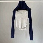 打底衫 撞色插肩袖 修身 连帽上衣短款 美式 V领长袖 T恤女2023秋季 新款