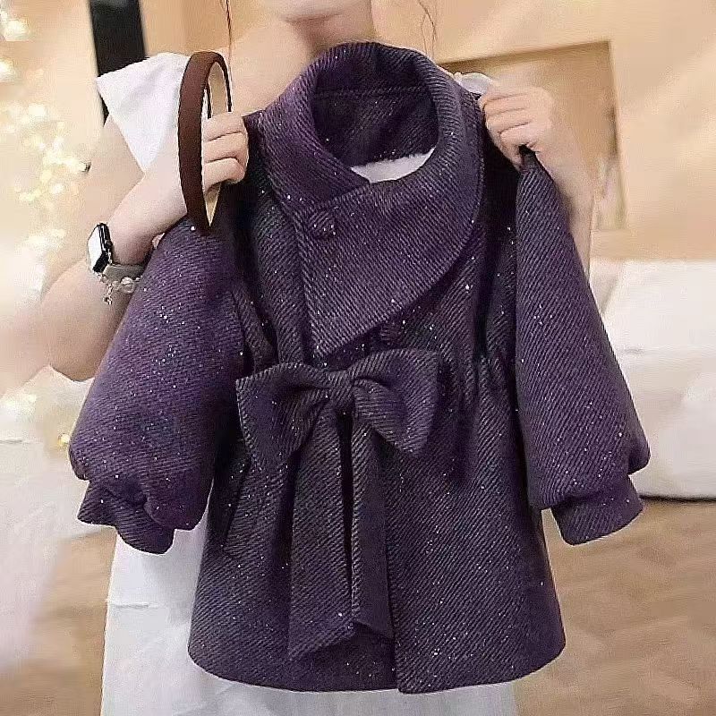 女童冬季加绒中长款外套2025新款女孩洋气可爱蝴蝶结百搭上衣