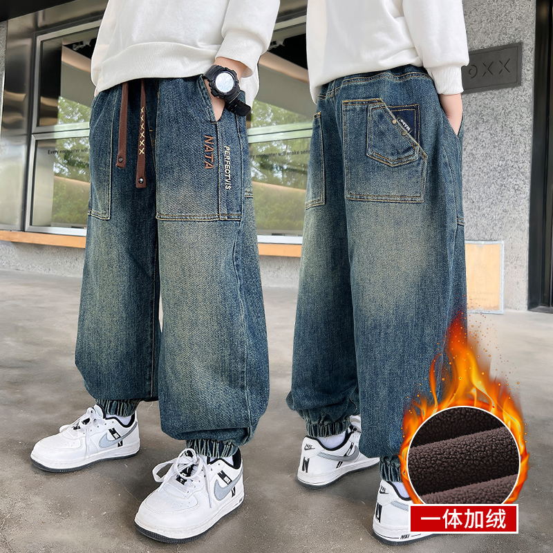 男童冬季加绒牛仔裤2025新中大童宽松直筒裤儿童冬季加厚一体绒裤