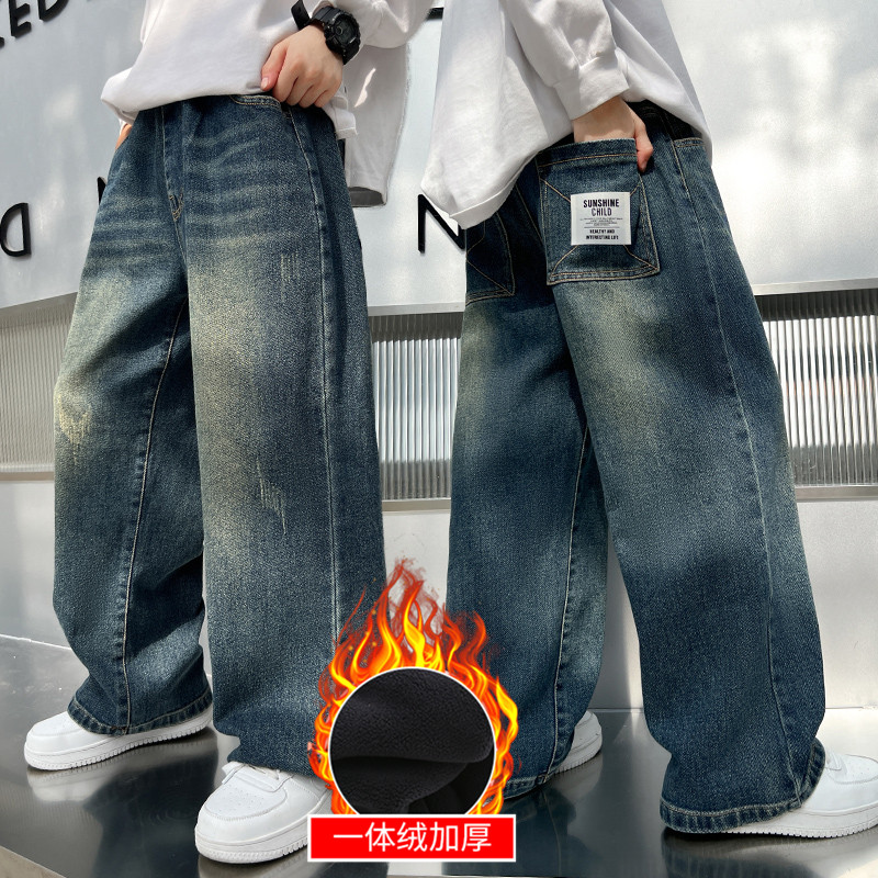 男童一体加绒牛仔裤子