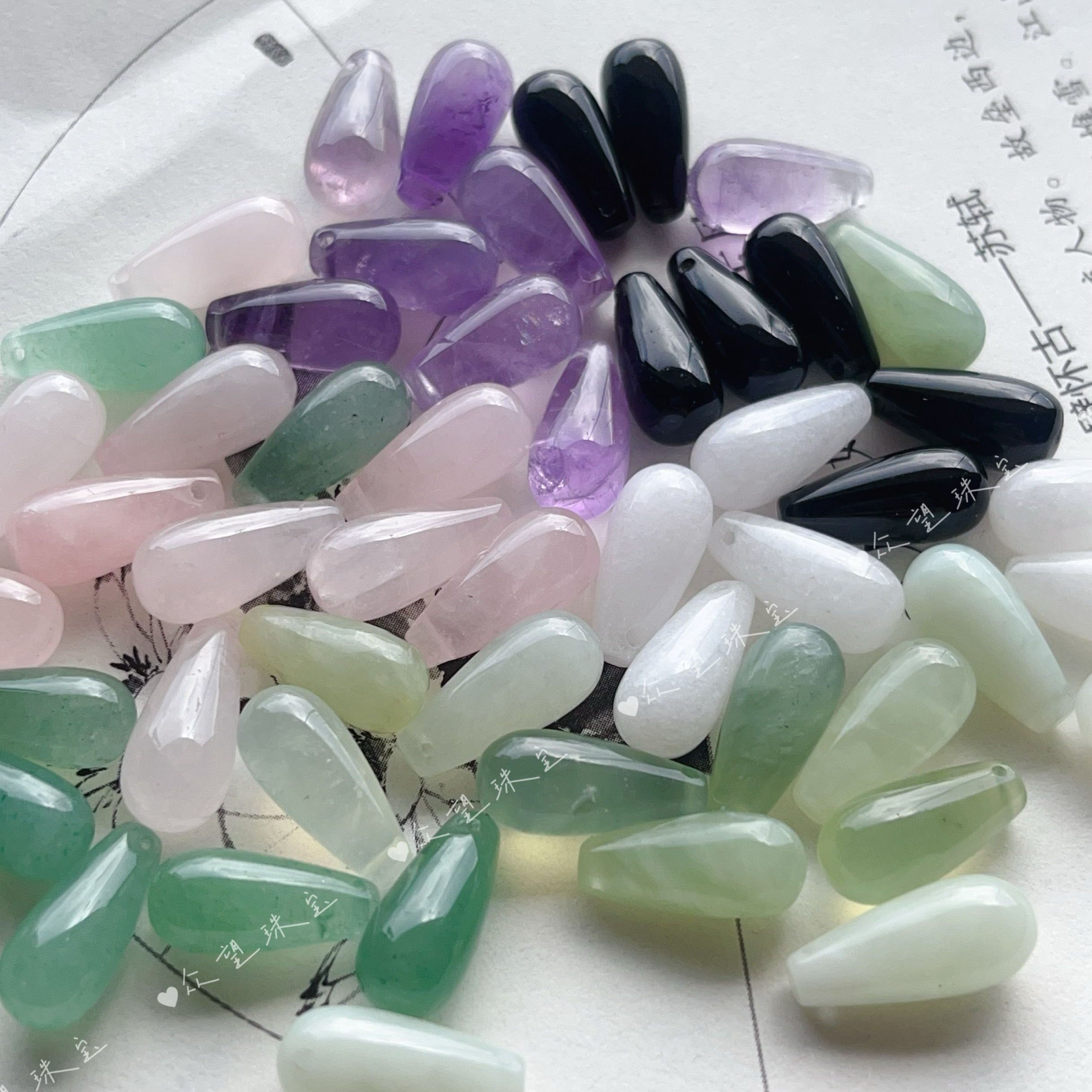 7X14天然粉晶 绿东陵 白玉 黑曜石圆吊胆水滴发簪耳环DIY饰品配件