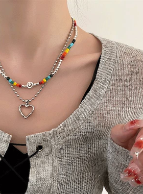 双层叠戴笑脸爱心项链女嘻哈锁骨