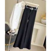西装 长裤 微喇裤 弹力高腰显瘦休闲拖地裤 子配腰带 女春新款 黑色美式