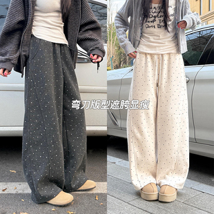 加绒显瘦保暖 拖地遛弯直筒卫裤 170高个子加长波点休闲糯米裤 窄版