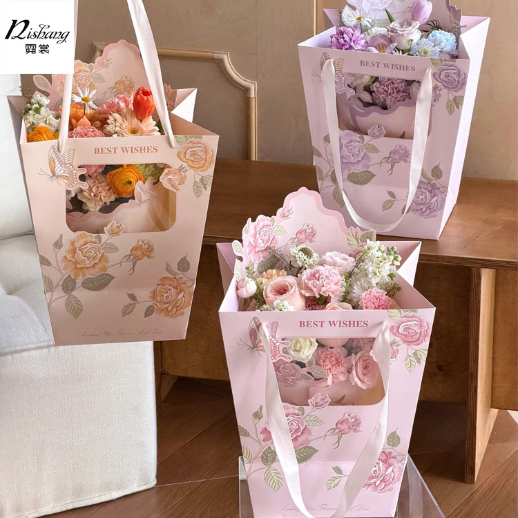 母亲节新品花蝶手提袋花束透明开窗梯形手拎袋鲜花包装牛皮纸袋子