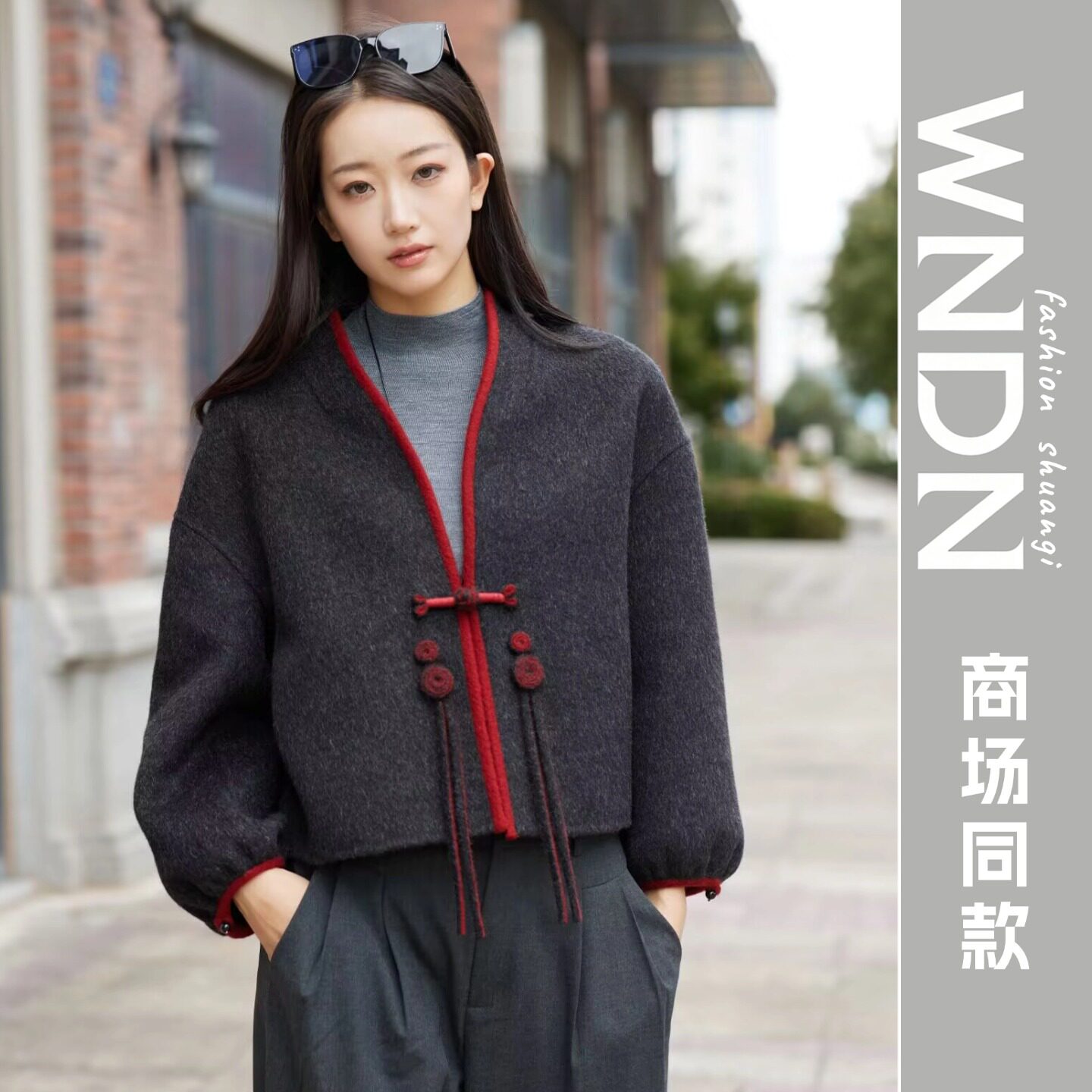 中国风短款双面呢外套女V领盘扣气质显瘦毛呢大衣
