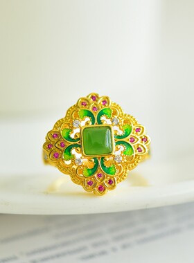 S925银镀18K金镶嵌天然新疆和田玉碧玉小方糖戒指高档时尚指环