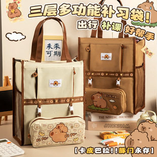 卡皮巴拉补习袋手提袋卡通拎书袋小学生补课包儿童女孩帆布美术袋大容量作业收纳袋初中男生用补习班手提书包