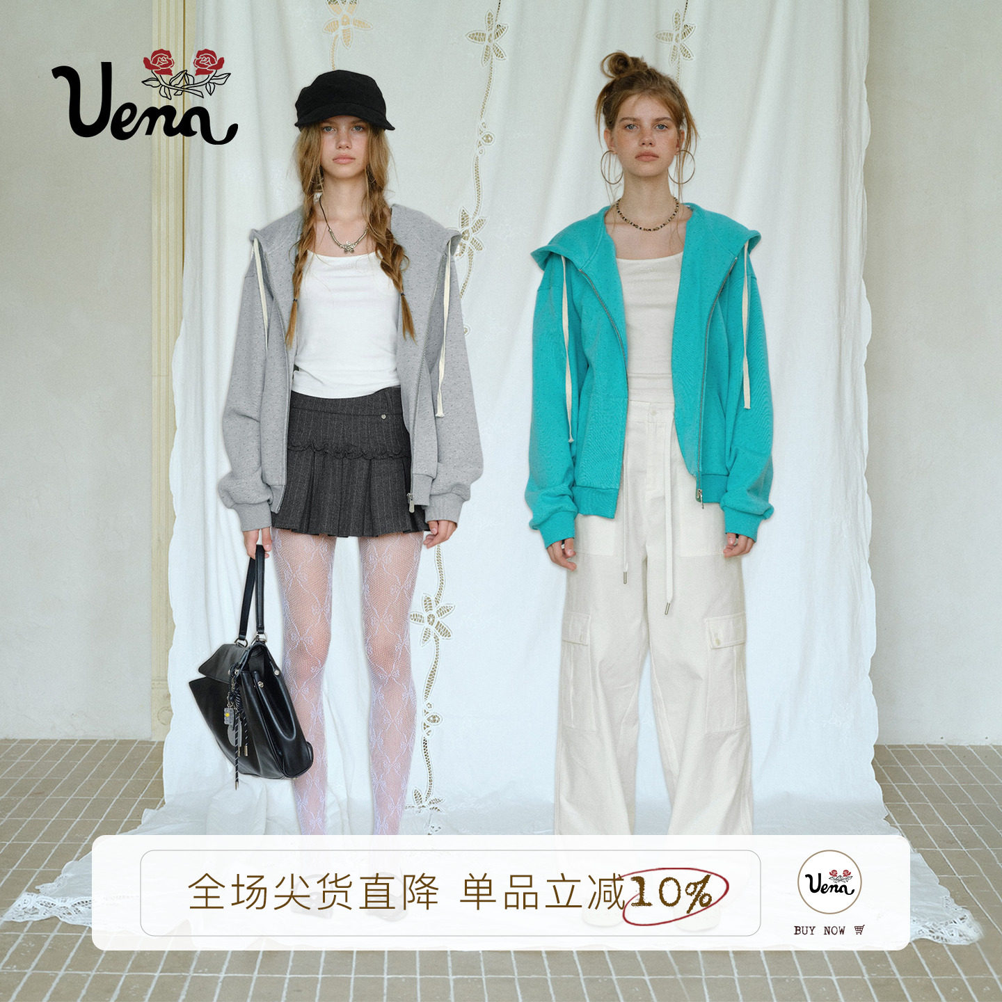 Uena天使兔刺绣连帽波点开衫卫衣图片