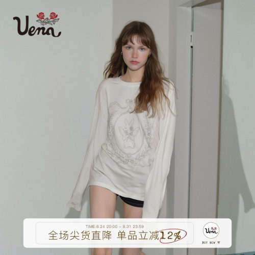 Uena白色天使兔印花落肩长袖T恤