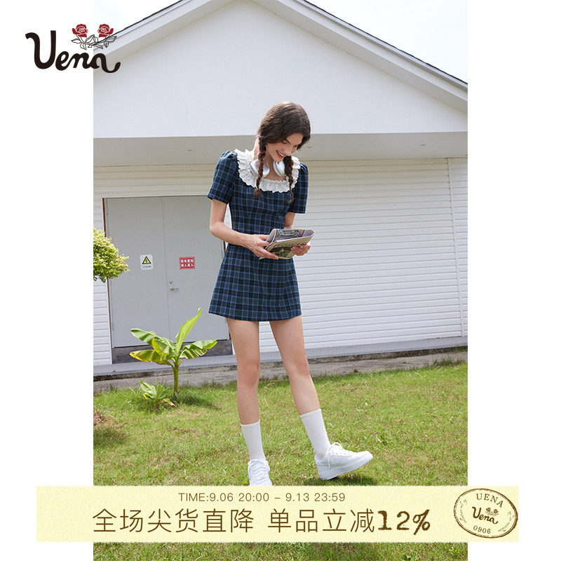 雾霭鎏蓝Uena蕾丝方领格纹连衣裙										