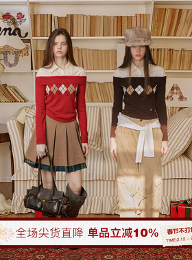 【苹果热红酒】Uena白色衬衫领拼接菱形格纹假两件绵羊毛针织衫女