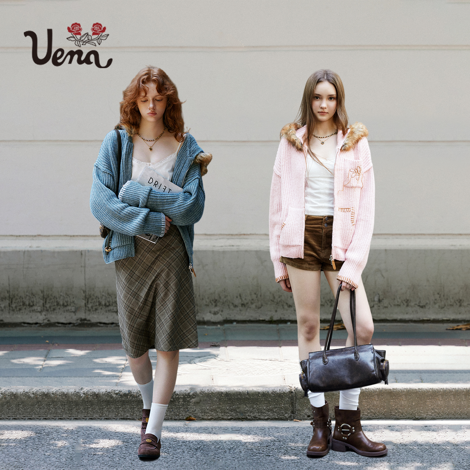 Uena可拆卸毛领连帽针织开衫