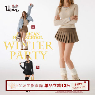 【午后茶话会】Uena美式复古学院风绵羊毛呢短款A字百褶半身裙裤