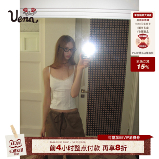 v领收腰修身 Uena白色蕾丝花边短款 可调节吊带背心女 信纸吻痕
