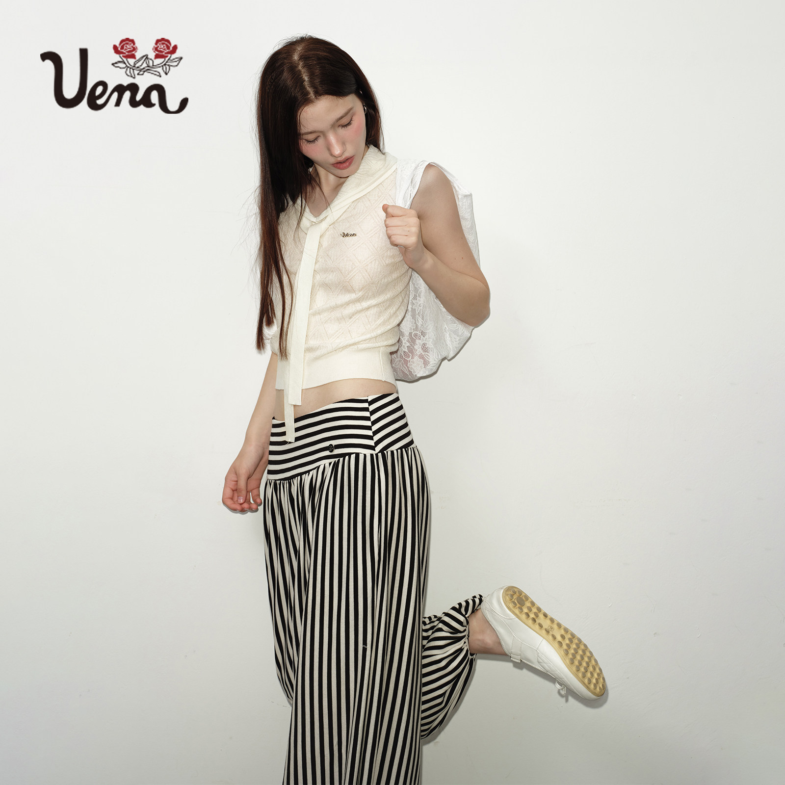 【海月浮光】Uena白色肌理感菱形格纹海军风翻领短款背心女附飘带