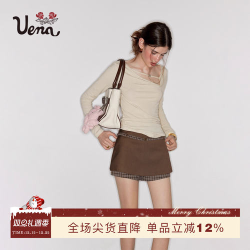 Uena棕色拼接格纹半身裙裤