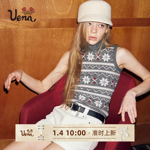 毛针织衫 复古灰色费尔岛花纹高领修身 Uena美式 背心女 雪花恋曲