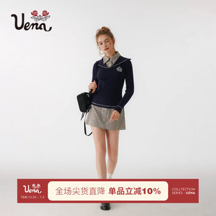 翻领徽章刺绣A字修身 Uena藏青色假两件衬衫 连衣裙 旧梦校园记