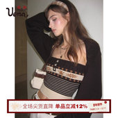 费尔岛抹胸套装 女 棕色针织坎肩开衫 修身 雾港纹章 Uena明星同款