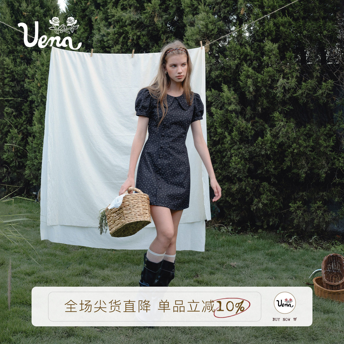 Uena藏青色娃娃领泡泡短袖连衣裙图片