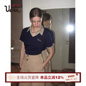 领短款 假两件T恤 复古字母刺绣短袖 条纹衬衫 午后回响 Uena美式