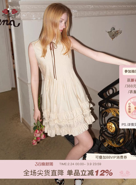【白樱纷落】Uena浅黄色胸前绑带木耳花边娃娃圆领无袖背心连衣裙