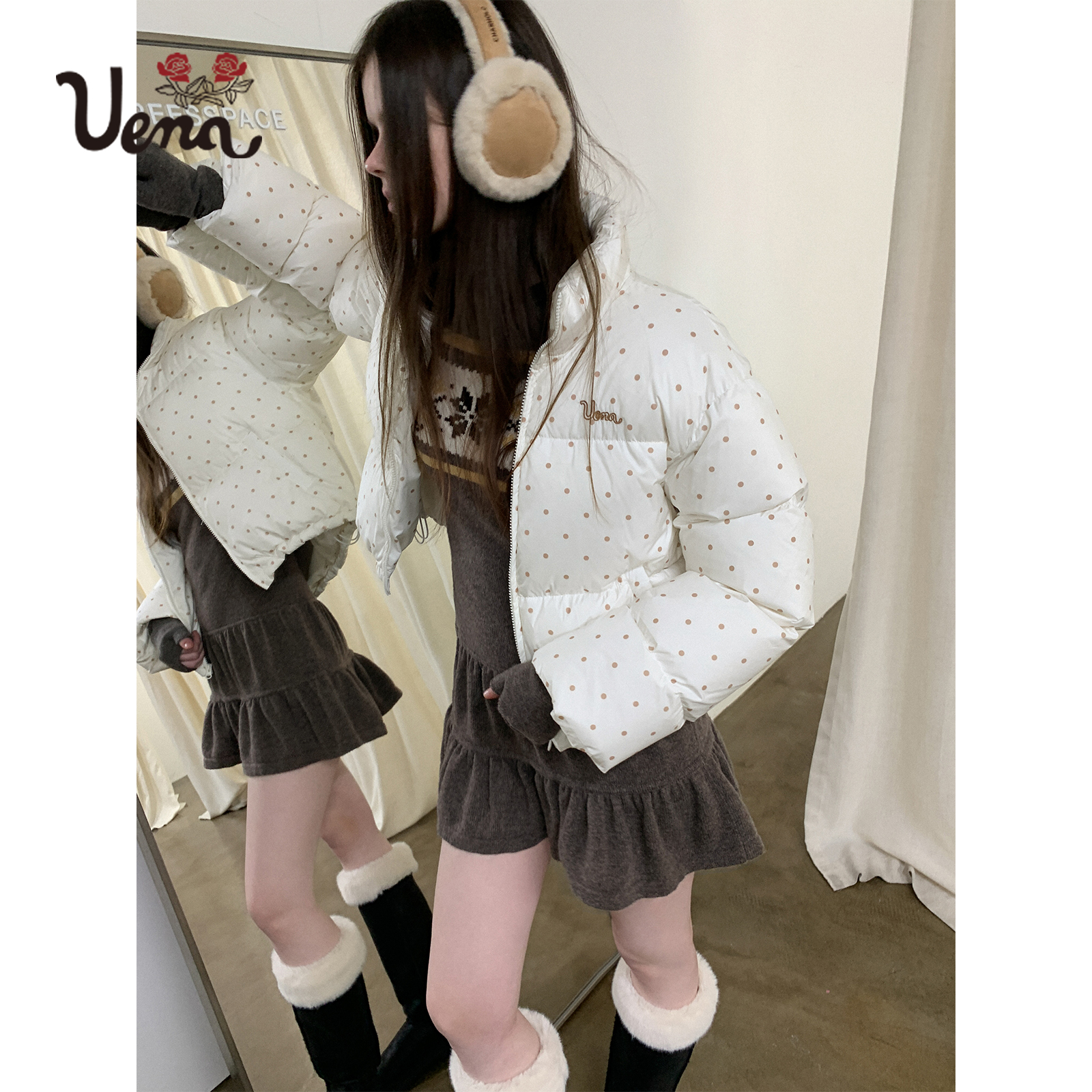 【北川花溪】Uena白色波点字母刺绣宽松立领羽绒服面包服加厚外套