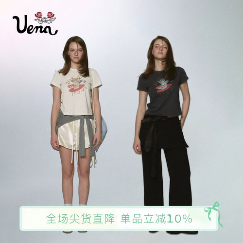 【丘比特乐园】Uena首尔特别款做旧字母印花修身显瘦圆领短袖T恤
