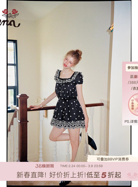 【月光童谣】Uena藏蓝色重工刺绣花边方领泡泡袖连衣裙附皮质腰带