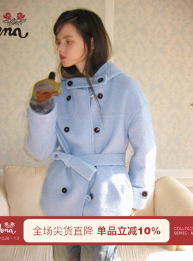 【蓝雪梦境】Uena美式复古学院风蓝色羊毛呢连帽加棉外套附腰带女