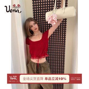 显瘦U领短袖 Uena撞色抽绳绑带下摆镂空短款 T恤附里衬 热恋织梦