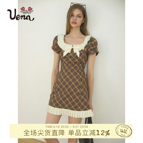 Uena格纹蝴蝶结泡泡短袖连衣裙