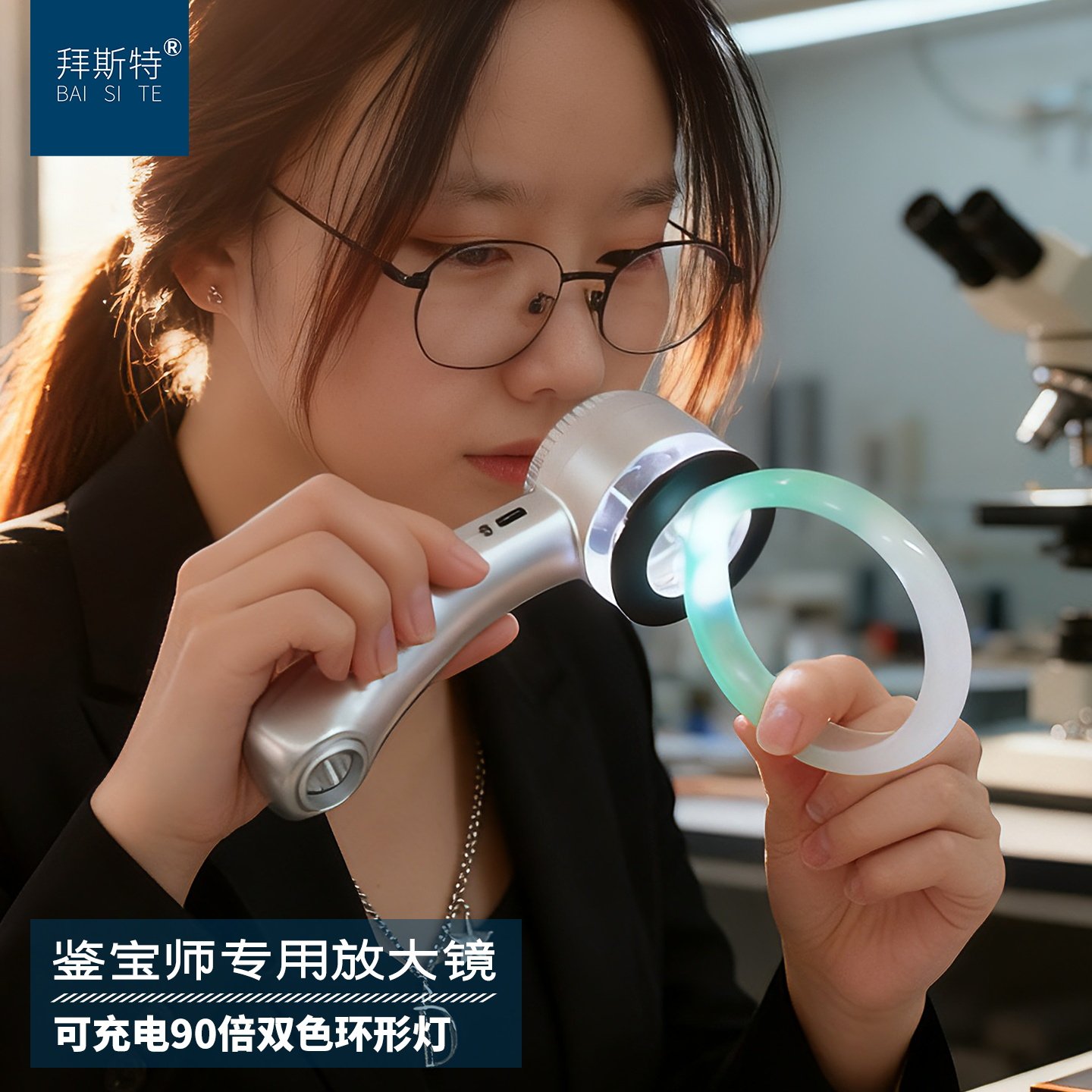 拜斯特手持90倍放大镜高清鉴宝师专用充电带三光源手电筒看翡翠珠