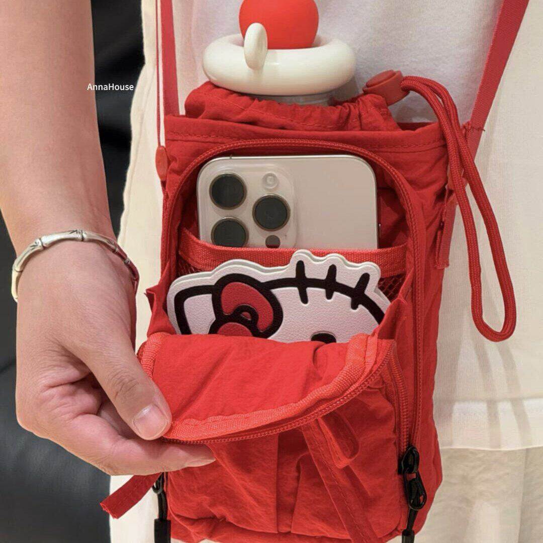 蝴蝶结手机小斜挎包水杯二合一上班通勤迷你运动跑步轻便收纳红色