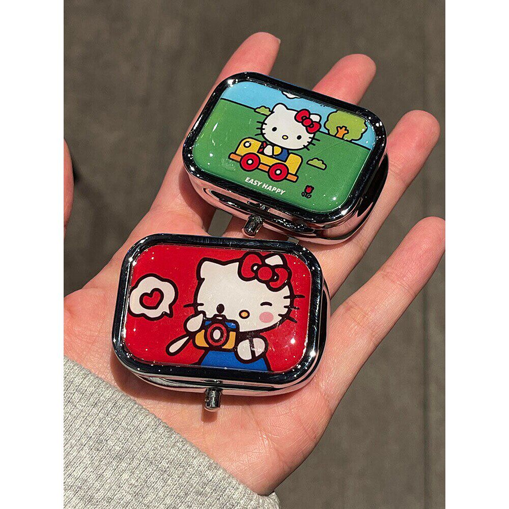 可爱小猫咪迷你便携式随身小药盒药丸盒内两格金属盒首饰盒带镜片