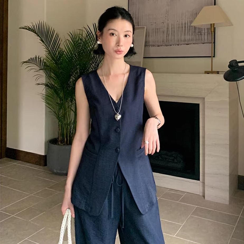 爱西里夏季新款法式温柔气质无袖背心上衣高腰百搭阔腿休闲裤套装