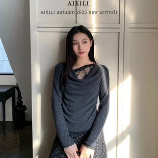 针织衫 爱西里冬季 温柔百搭高级感拼接蕾丝花边长袖 法式 上衣女 新款