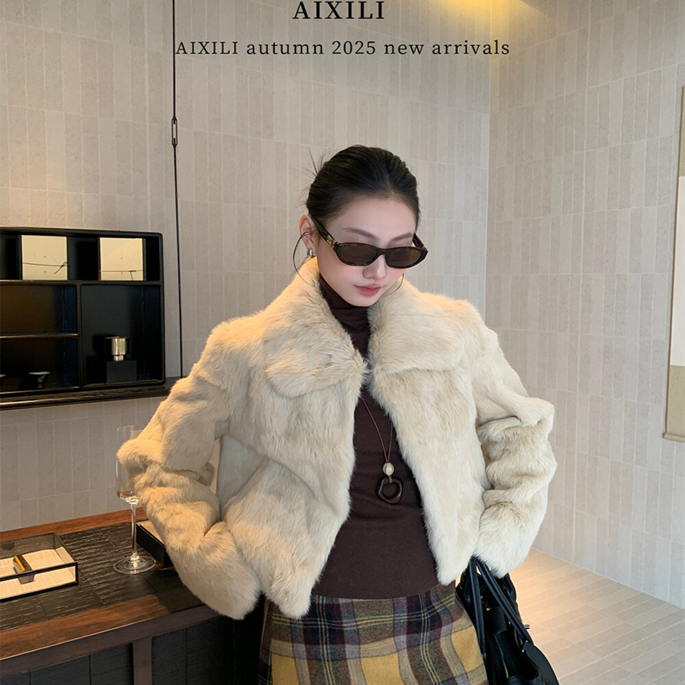 高级感真兔毛皮草翻领毛毛外套女