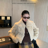 法式 爱西里冬季 新款 高级感真兔毛皮草翻领毛毛外套百搭保暖上衣女