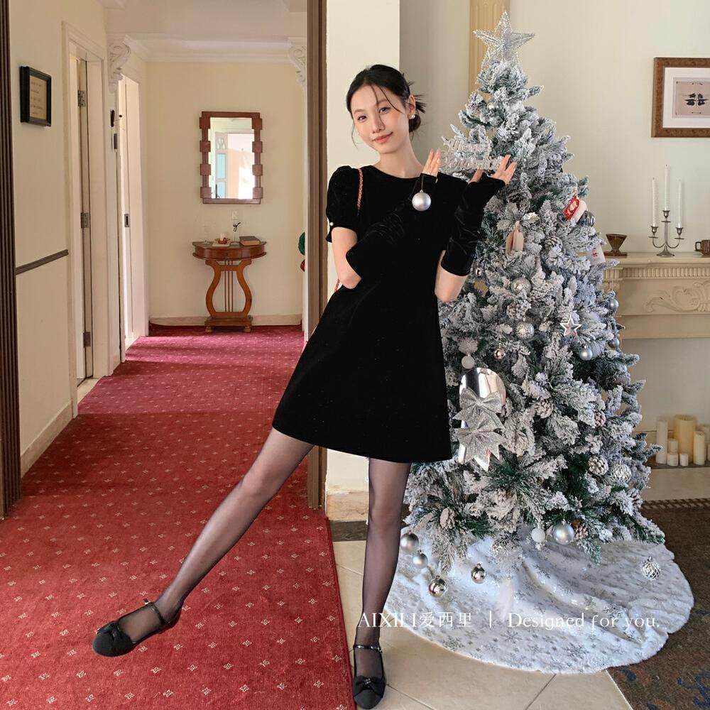 法式蝴蝶结镂空设计显瘦连衣裙女