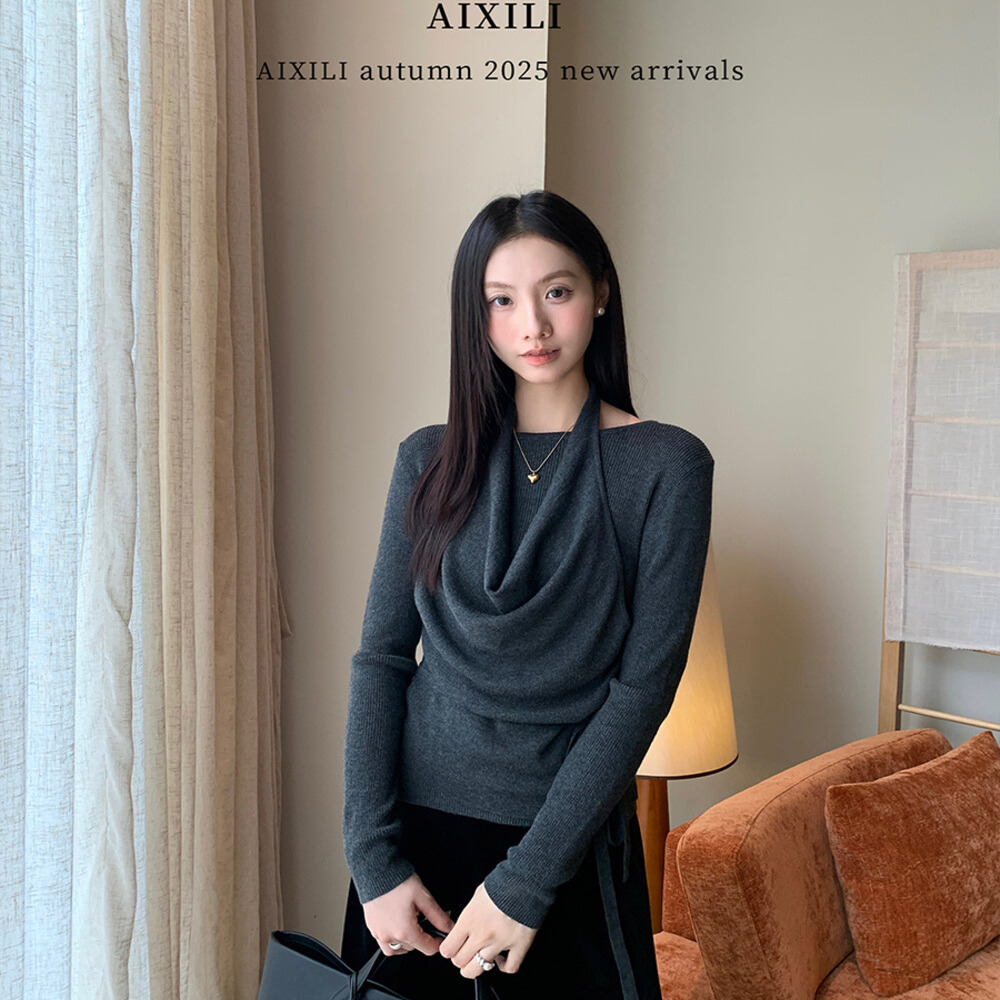 爱西里秋冬新款温柔气质风挂脖假两件绑带设计百搭针织衫上衣毛衣