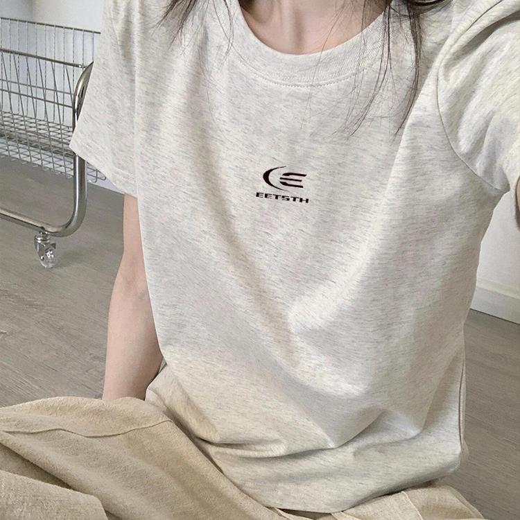 大码正肩t恤短袖女2025新款夏季美式修身显瘦灰色棉上衣潮时尚感