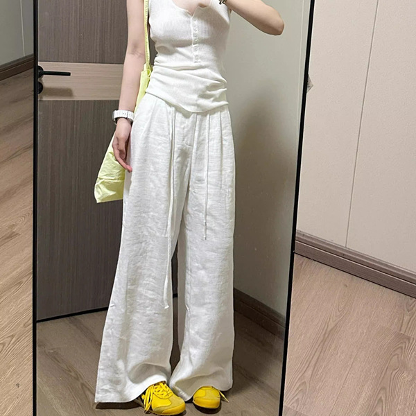 加长白色苎麻阔腿裤女2025夏季新款高腰棉麻宽松直筒亚麻休闲裤子