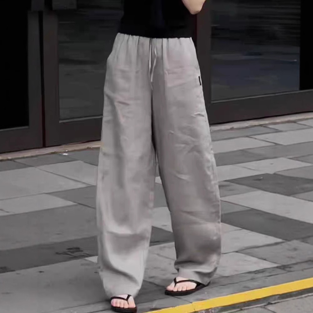松紧腰抽绳亚麻休闲裤 口袋宽松阔腿直筒长裤子 夏女简约薄款棉麻