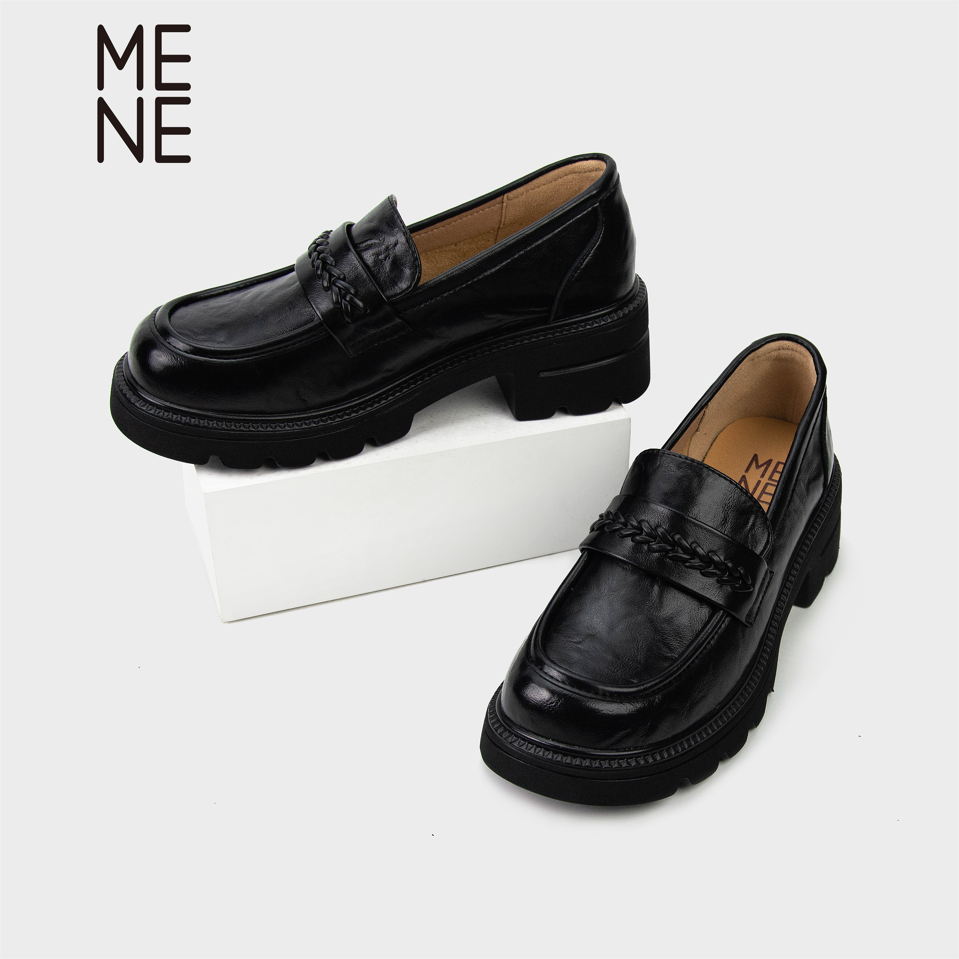 MENE乐福鞋厚底一脚蹬黑色英伦