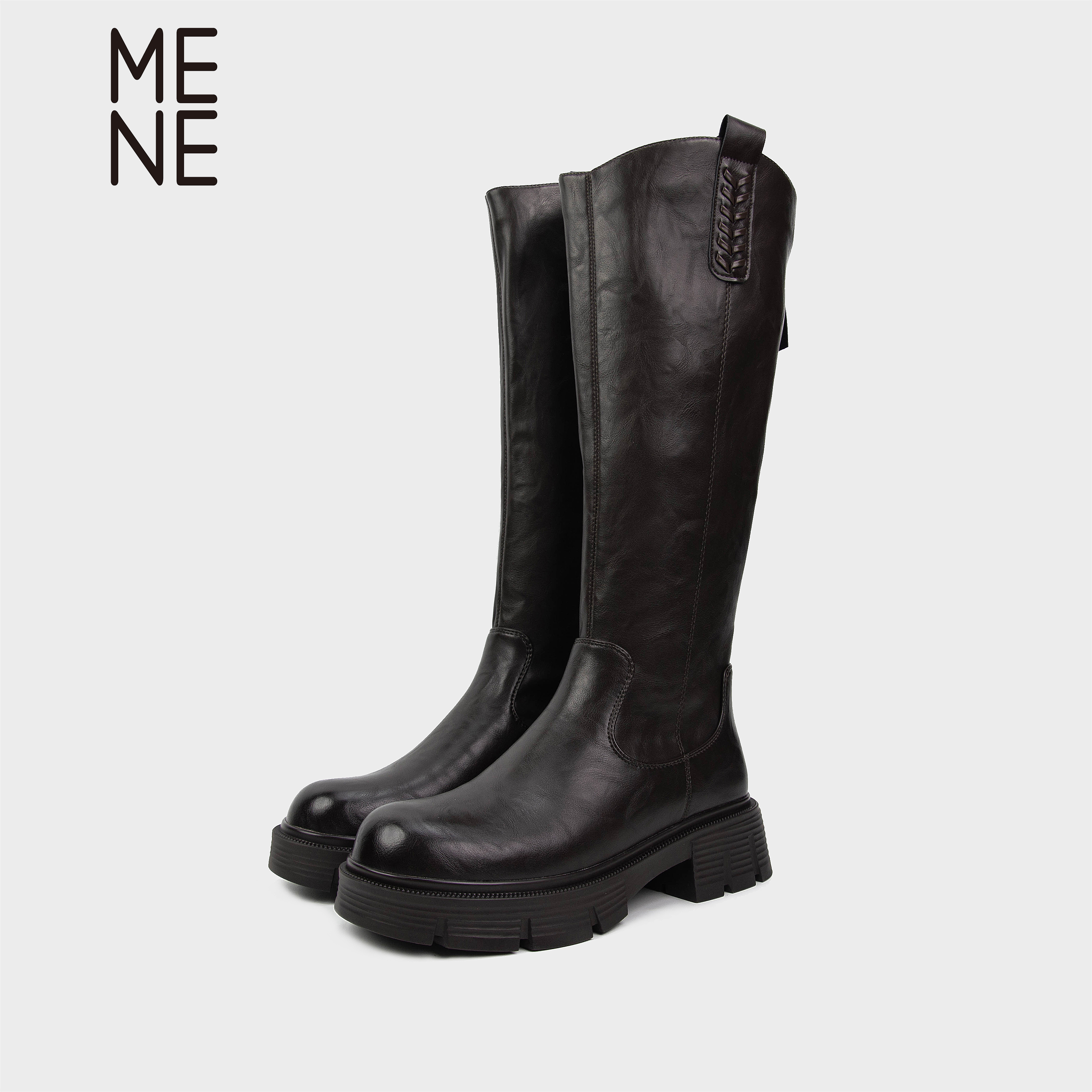 MENE黑色长筒薄绒骑士靴